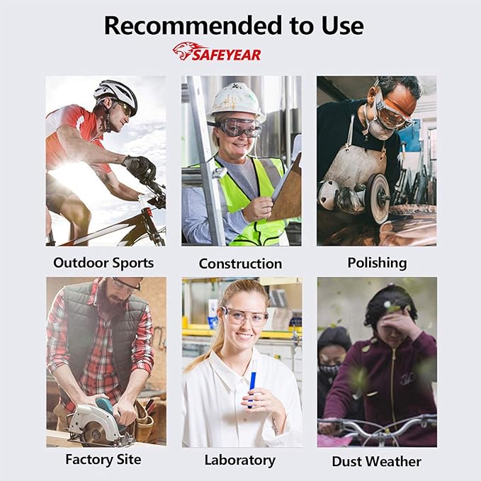 SAFEYEAR Anti Fog Safety Glasses- SG002 Clear Scratch Resistant Work Glasses No-Slip Safety Goggles Lab Grinding Chemistry