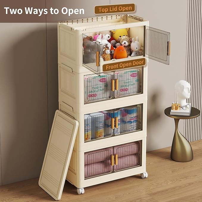 4 Tier Stackable Plastic Storage Bins with Lids 48QT, Collapsible Closet Organizers and Storage with Wheels for Living Room,Office,Dorm