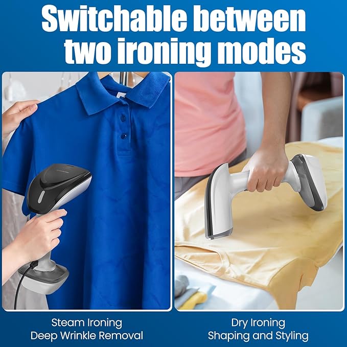 Powerful Handheld Fabric Steamer - 1800W with Fast Ceramic Heat-Up Plate, 2-in-1 Ironing & Wrinkle Remover, Steam Nozzle, Lint Brush - White, for US 120V Only