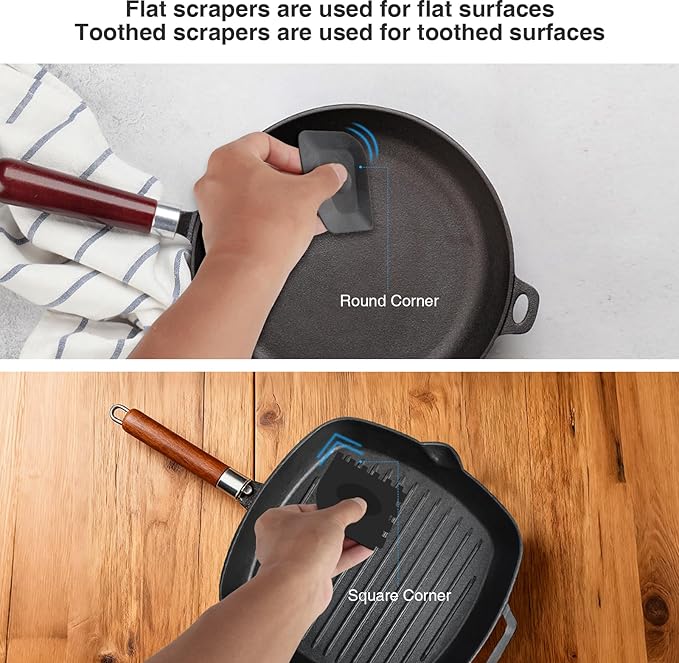 Cast Iron Scrubber and Scraper,Chain Mail Cleaner with Bamboo Handle & Draining Tray,316 Stainless Steel Brush for Cleaning Pots,Pans,Wok,Bakeware,Griddles, Grills,Dishes (Small Chain Mail)