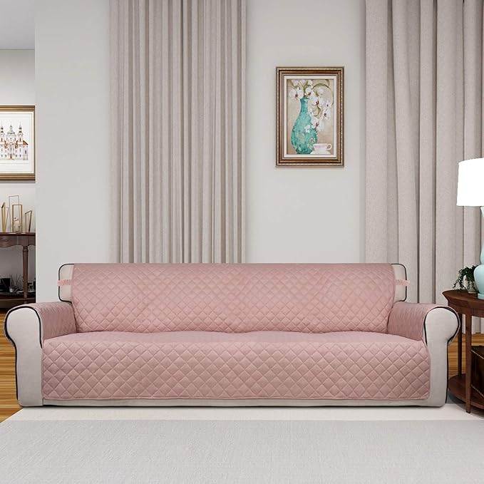 PureFit Reversible Quilted Sofa Cover, Water Resistant Slipcover Furniture Protector, Washable Couch Cover with Non Slip and Elastic Straps for Kids, Dogs, Pets (XX Large, Pink/Beige)