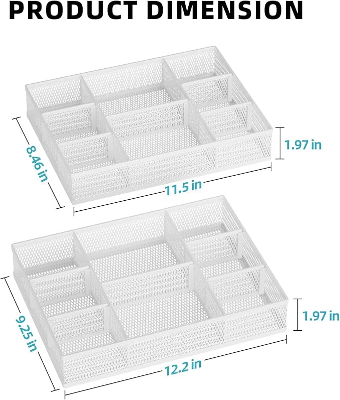 Marbrasse 2 Pack Desk Drawer Organizer, Mesh Drawer Organizer Tray with 8 Adjustable Compartments, Desk Organizers and Accessories, 5 Dividers for Office Supplies, Makeup & Vanity (White)