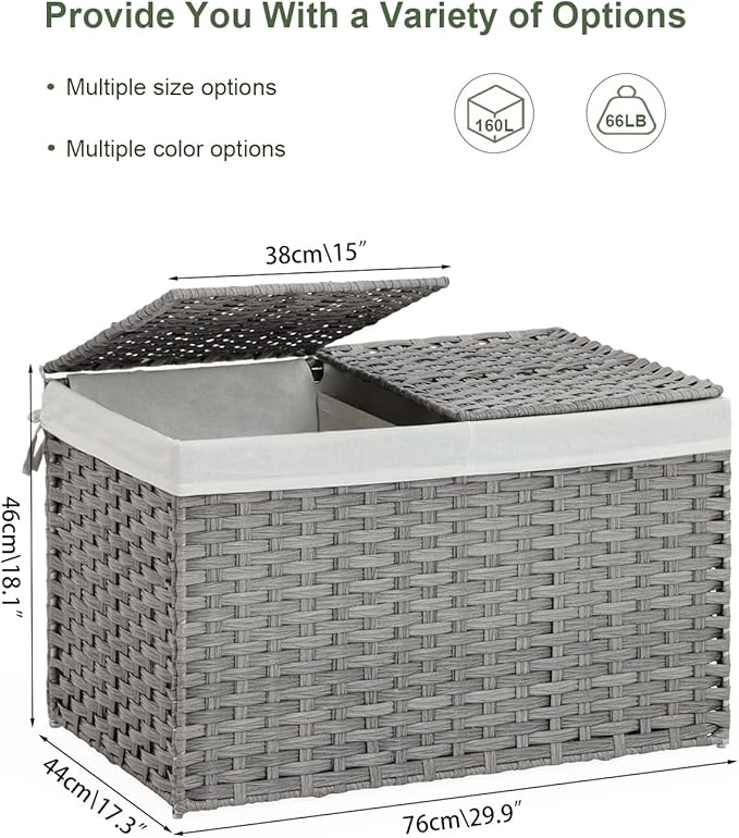 Storage Basket with Lid Wicker Baskets for Storage with 2 Separate Lid 42.3 Gallon (160 L) 29.9 x 17.3 x 18.1 Inches Rattan Woven Large Wicker Basket with 2 Liners for Bedroom Laundry Gray