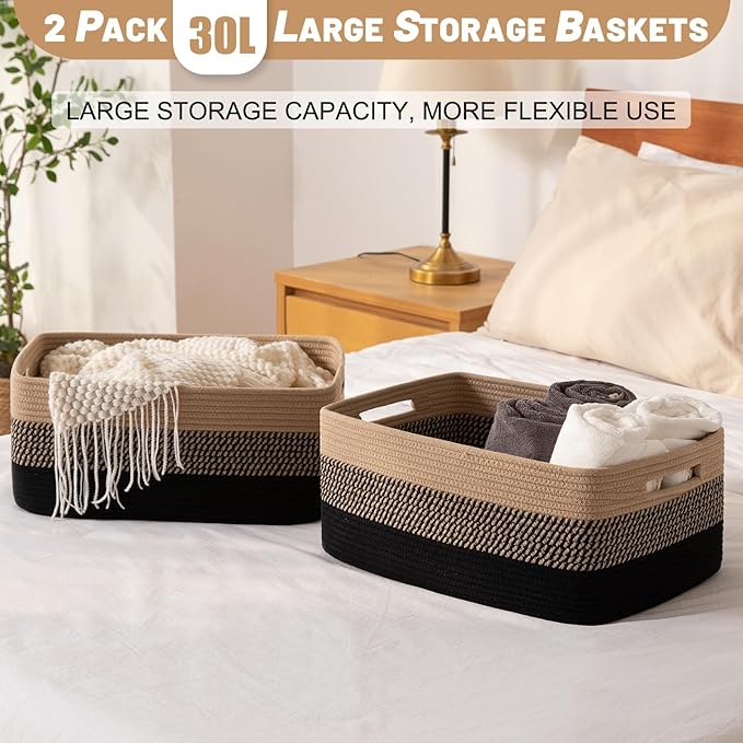 Large Storage Basket for Organizing, Woven Rope Basket for Shelves, Closet Organizer Bins for Clothes, Blanket, Toys, Baby Nursery Storage, 17.7" x 13" x 7.87", 2 Packs Black & Brown