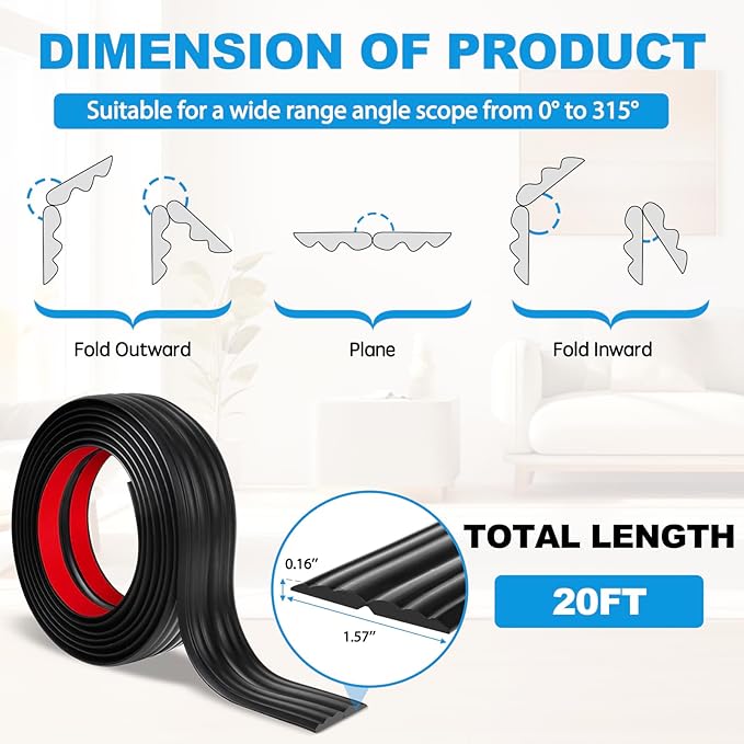 Wall Corner Protector Peel and Stick Corner Trim Molding Flexible Inside & Outside Wall Edge Guard Self Adhesive Moulding Trim for Edge Use, Black, 1.6” W x 20’ L