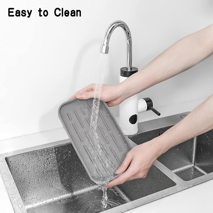 Silicone Kitchen Sink Organizer Tray for Multiple Usage,Eco-Friendly Sponges Holder for Kitchen Bathroom Counter or Sink,Dish Soap Dispenser,Scrubber,Bottle,Cup (Grey, 10"×5.3")