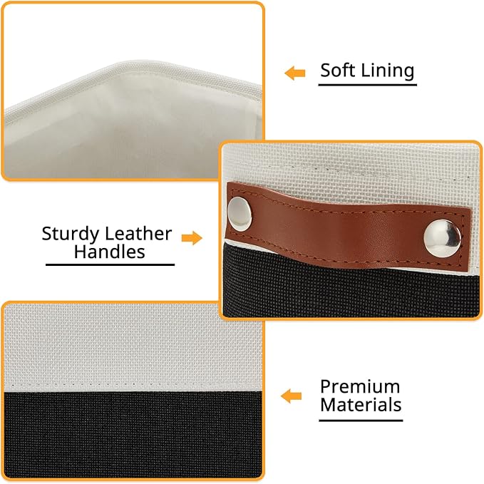 DULLEMELO Toilet Paper Storage Basket with Leather Handles, for Back of Toilet, Bathroom Storage for Towels & Paper (White & Black)