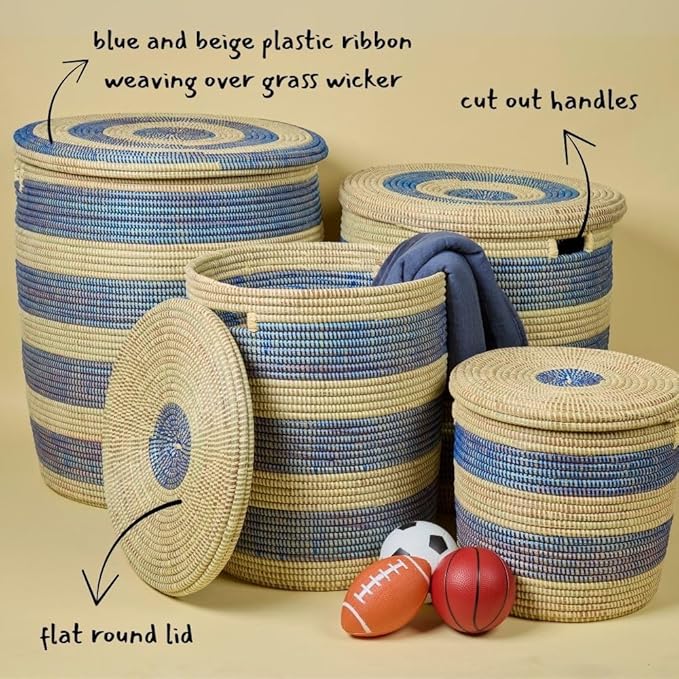 Storage & Organization - Basket, Laundry Hamper, Nursery Toys Bin, Living Room Blankets Storage, Decorative, Wicker, Woven, Sturdy, Round, Handles, Navy Blue, Large