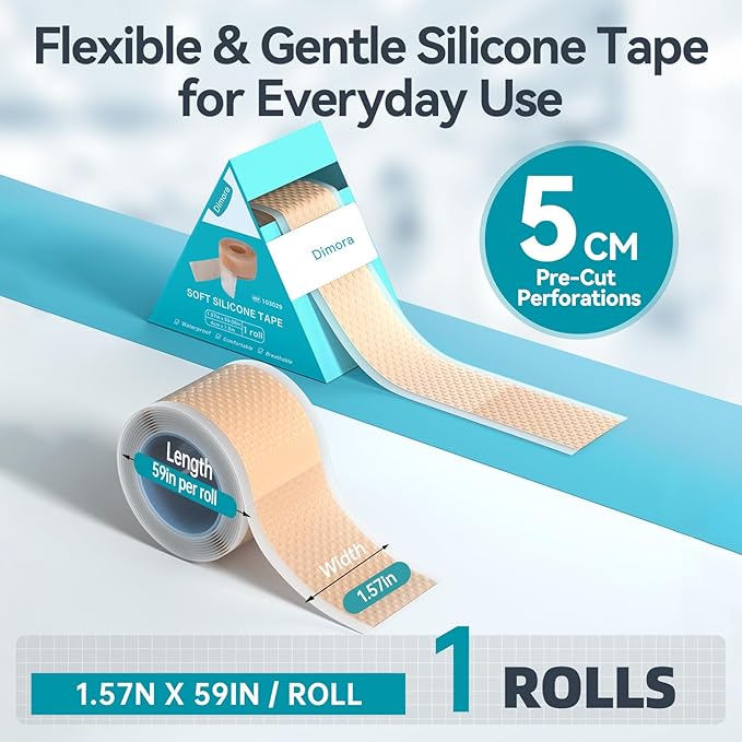 Dimora Silicone Medical Tape - Hypoallergenic First Aid Tapes with Easy Tear Design, Pain-Free Removal Surgical Tapes for Sensitive Skin, No Residue(1.6in x 59 in),1 Roll