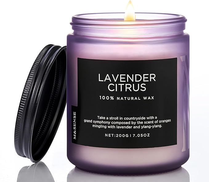 M&SENSE Lavender Citrus Scented Candle, Natural Soy Wax for Home Scented, Stress Relief 7.05oz 50H Burn Time Aromatherapy Candle Gift for Mom Friends Teacher & Spa Bath Yoga