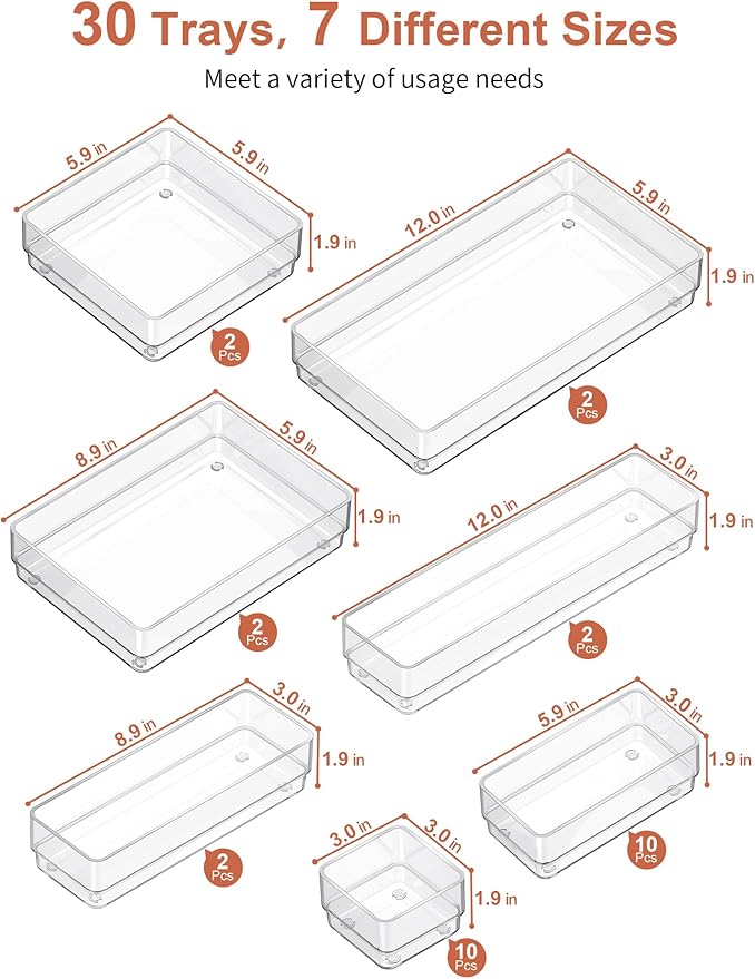 SMARTAKE 30-Piece Drawer Organizer with Non-Slip Silicone Pads, 7-Size Desk Drawer Organizer Trays Storage Tray for Makeup, Jewelries, Utensils in Bedroom Dresser, Office and Kitchen (Clear)