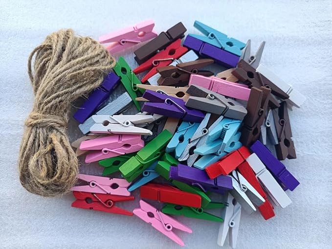 Durreus Colorful Small Clothes Pins Photos String Display with Clips Art Hanging Kit for Artwork 50Pcs