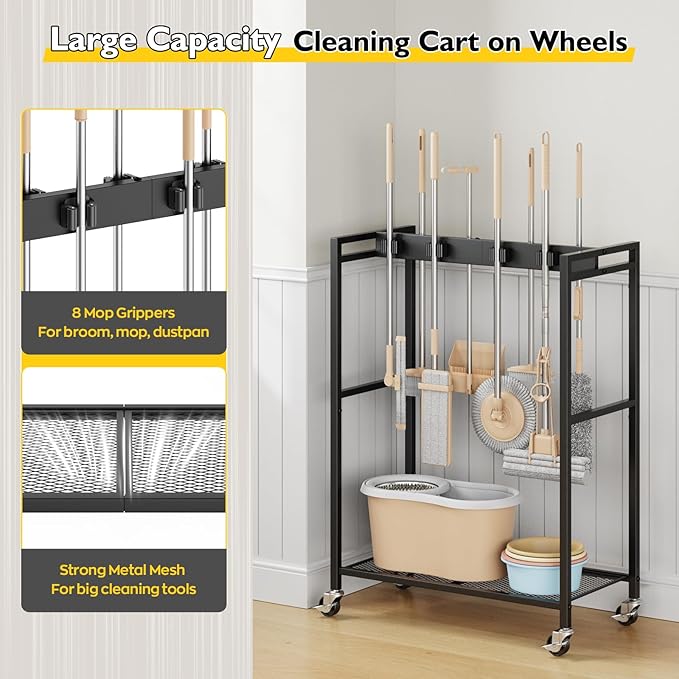 BORISI Broom And Mop Holder, Movable Broom Closet Storage Cabinet, Cleaning Cart with Mop Hanger Gripper Rack, Janitorial Cart, Utility Carts, Laundry Room Organization Home Essentials