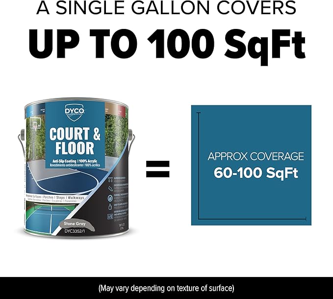 DYCO Court & Floor Anti-Slip Coating - Slip-Resistant Pavement, Cement & Concrete Paint for Pickleball, Tennis & Basketball Courts, Exceeds ADA Standards for Safety Areas (Stone Gray, 1 Gallon)