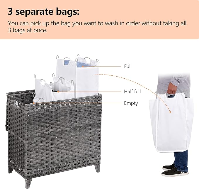Laundry Hamper with 3 Removable Liner Bags; 132L Handwoven Rattan Laundry Basket with Lid & Heightened Feet; Clothes Hamper with Side Handles; Laundry Sorter with 3 Separate Sections (Gray)