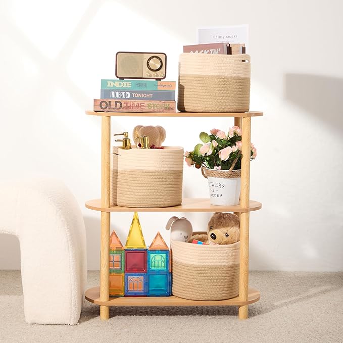Small Basket for Organizing | Cube Shelf Closet Storage Baskets | 9.7×9.7×7.1” | Woven Rope Gift Basket | Nursery | Round 3 Packs Tan