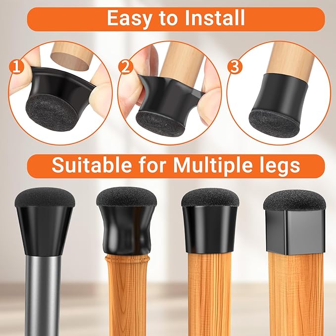 Chair Leg Floor Protectors Small 24Pcs,Silicone Chair Leg Protectors for Hardwood Floors/Tiles,360°Wrapped Felt Bottom to Prevent Scratch and Reduce Noise, Round Black