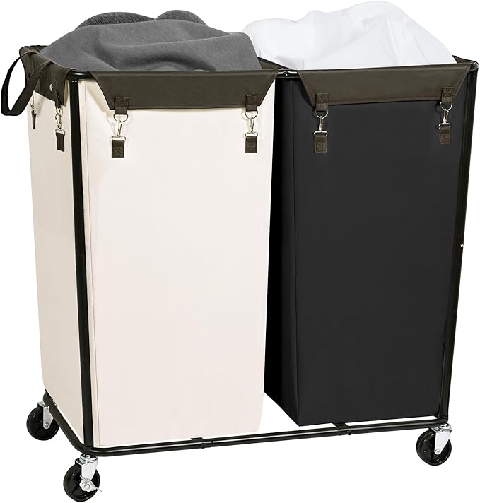 STORAGE MANIAC Commercial Laundry Hamper with Heavy Duty Steel Frame, 74 Gal. Industrial Laundry Basket Cart with Wheels for Hotel, Home, Laundry Room, Big Large Clothes Sorter, 2 Section Beige/Black