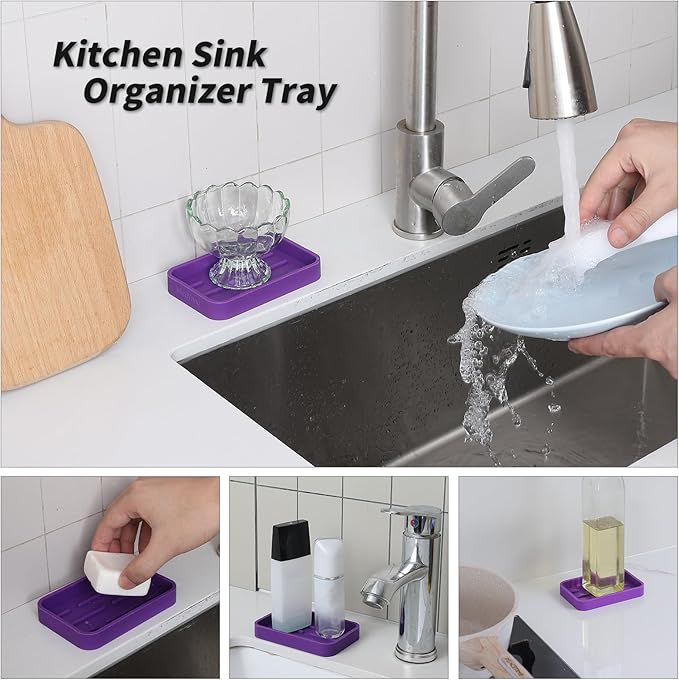 Silicone Kitchen Sink Organizer Tray for Multiple Usage,Easy Clean Sponges Holder for Kitchen Bathroom Counter or Sink,Dish Soap Dispenser,Scrubber,Bottle,Cup Purple 4.9”x 3.2”