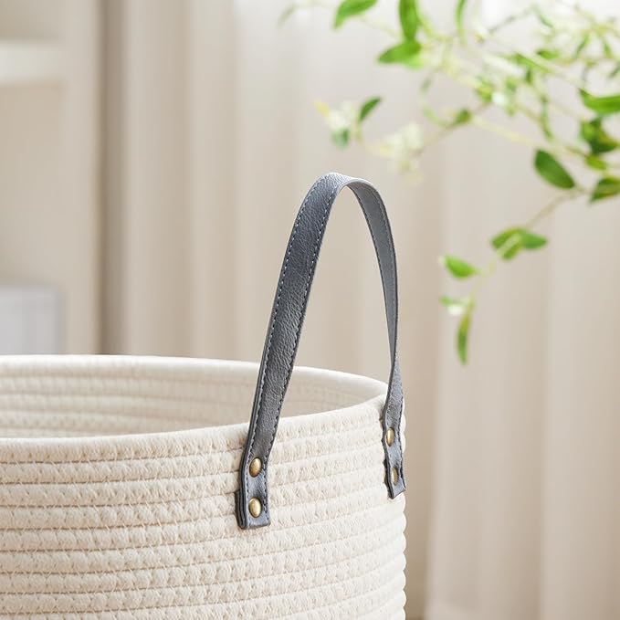 VIPOSCO Tall Laundry Basket, Large Dirty Clothes Hamper with Leather Handle, Woven Rope Storage Basket for Blanket, Toy In Living Room, Bathroom, Bedroom - 53L Grey & White