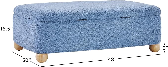 Walker Edison Linley Contemporary Large Storage Bouclé Ottoman with Wood Legs, Soft Blue