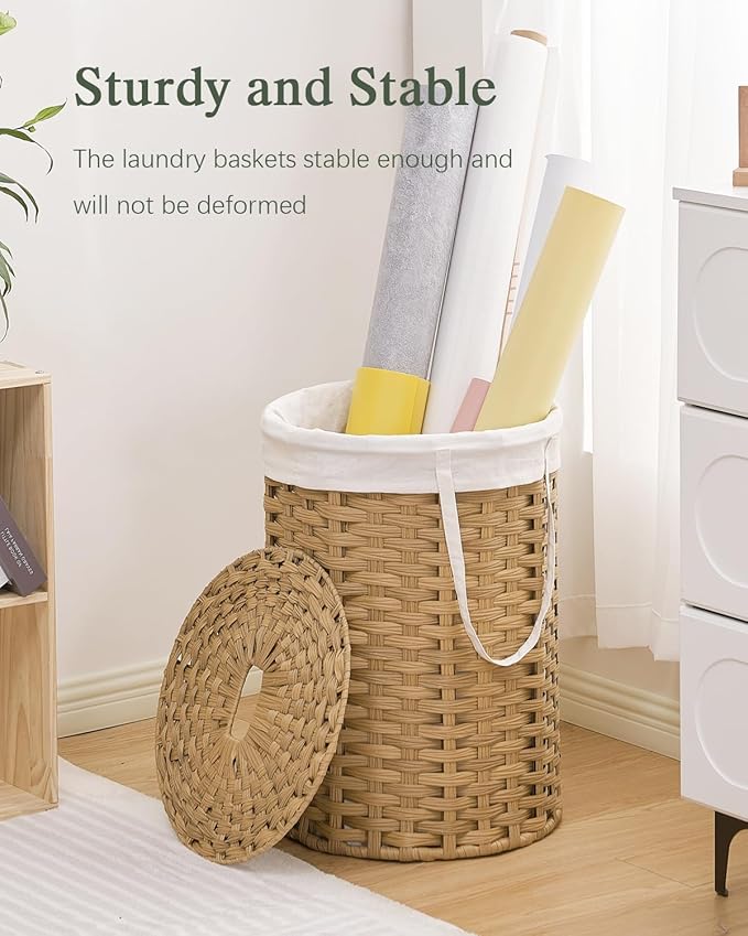 Laundry Hamper with Lid Laundry Basket with Lid 19.0 Gal (72 L) Round Wicker Laundry Basket Handwoven Rattan Hamper Removable Bag 2 Mesh Bags Handles for Living Room Bathroom Natural