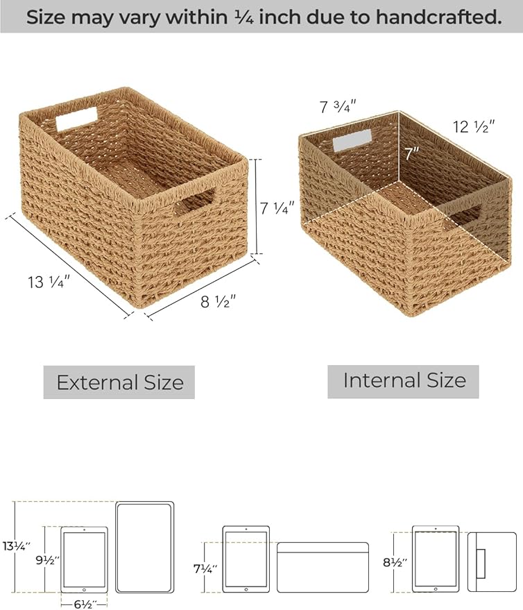StorageWorks Round Paper Rope Storage Baskets, Rectangular Wicker Baskets with Built-in Handles, Medium, 13 ¼ x 8 ½ x 7 ¼ inches, 2-Pack
