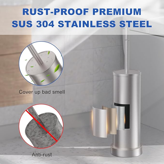 Brushed Nickel Toilet Brush and Holder Set, 304 Stainless Steel Toilet Brush for Bathroom, Heavy Duty Toilet Bowl Brush with Holder, Removable Inner Bowl and Splash Protection, Long Handle