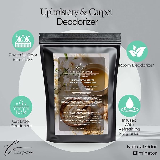 White Tea & Ginger Carpet Freshener Powder Refill 36 oz | Powerful Odor Eliminator for Home | Upholstery Deodorizer | Carpet Deodorizer | Pet Urine | Cat Litter Box