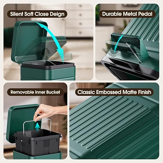 CEROELDA Small Trash Can with Lid-5L/1.3 Gal,Stainless Steel Outdoor Dog Poop Garbage Can-Farmhouse Retro Metal Waste Bin w/Step Pedal for Bathroom Bedroom Office-Soft Close-Green