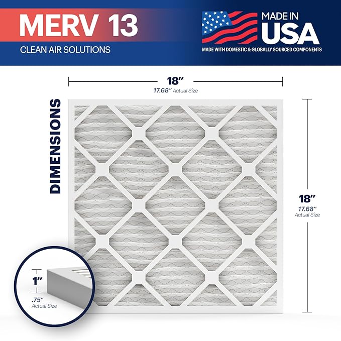 BNX TruFilter 18x18x1 Air Filter MERV 13 (4-Pack) - MADE IN USA - Electrostatic Pleated Air Conditioner HVAC AC Furnace Filters for Allergies, Pollen, Mold, Bacteria, Smoke, Allergen, MPR 1900 FPR 10