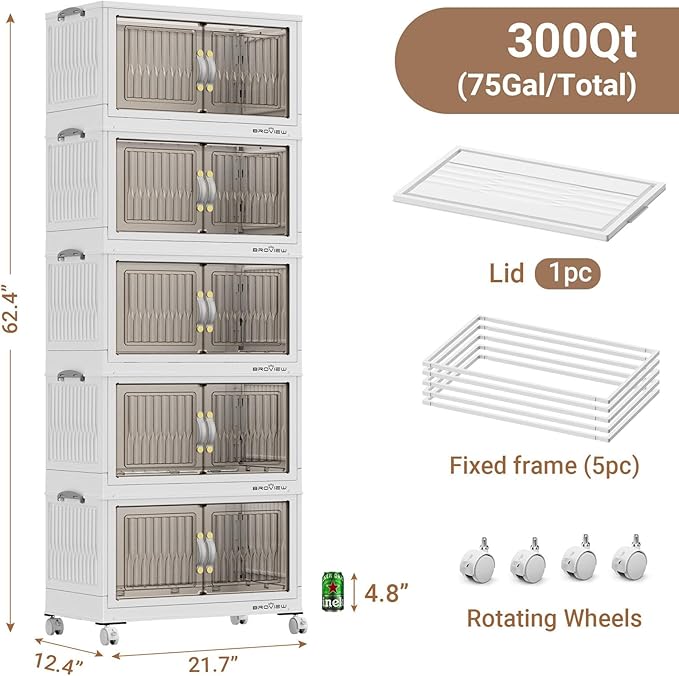 BROVIEW 300Qt Stackable Storage Bins with Lid, Extra Large Closet Organizer Collapsible Drawer Boxes with Wheels, Folding Plastic Cabinet Containers for Home Kitchen Room Organization, 5Pack White