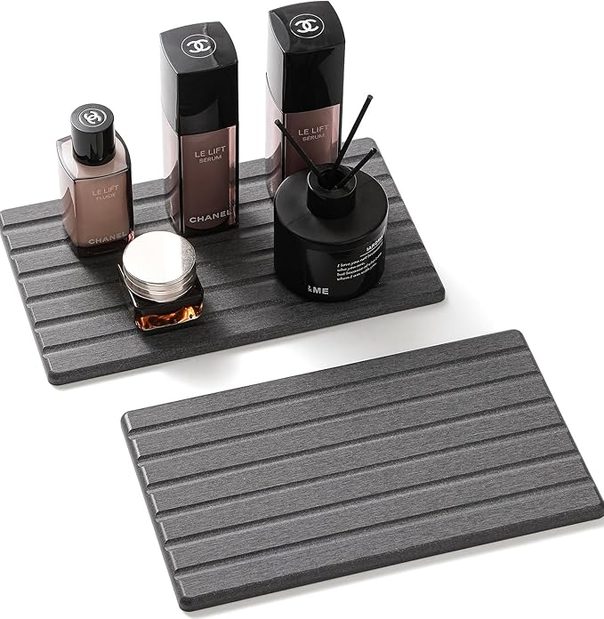 2PCS Water Absorbing Stone Drying Tray Mat for Bathroom Sink & Kitchen Counter Organizer, Quick Dry Dish Soap Dispenser Sponge Holder, Vanity Sink Caddy, Coaster, Dark Gray - 10" x 6"
