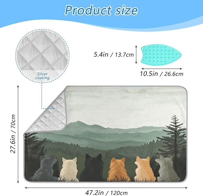 Cute Wolves Back and Green Mountain Ironing Mat Thickened Ironing Blanket Travel Portable Double-Side Using Ironing Pad Travel Isolate Heat Pad Cover for Washer Dryer Table Top Countertop 27.6x