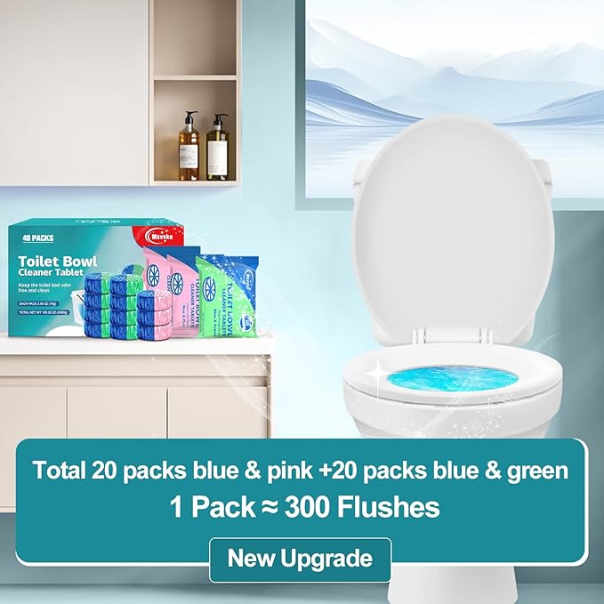 Toilet Bowl Cleaner Tablets 40 Packs, Two Colors Toilet Bowl Cleaners with Sustained-Release Technology, Keep Bathroom Toilet Stain Free and Prevent Limescale Buildup, 106oz