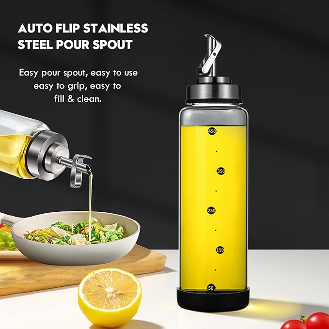 Glass Olive Oil Dispenser Bottle for Kitchen Shatterproof & Leakproof Cooking Oil Dispenser with Stainless Steel Spout & Rubber Bottom 17 oz Heat Resistant Olive Oil Bottle