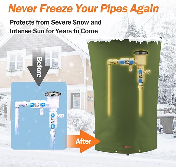 TOHONFOO Backflow Preventer Pipe Insulation Cover (5°F) - Irrigation Sprinkler Valve Insulated Pouch - Water Well Pump Cover - Sturdy 5 Layers for Winter Freeze Protection, 22" W x 34" H, Green
