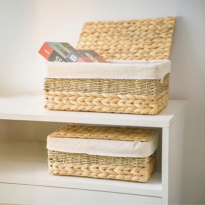 Wicker Storage Baskets with Lid and Lining, Built-in Carry Handles, Set of 2 Handwoven Water Hyacinth Storage Baskets For Organizing, Home Decoration, 2 Pack, Natural