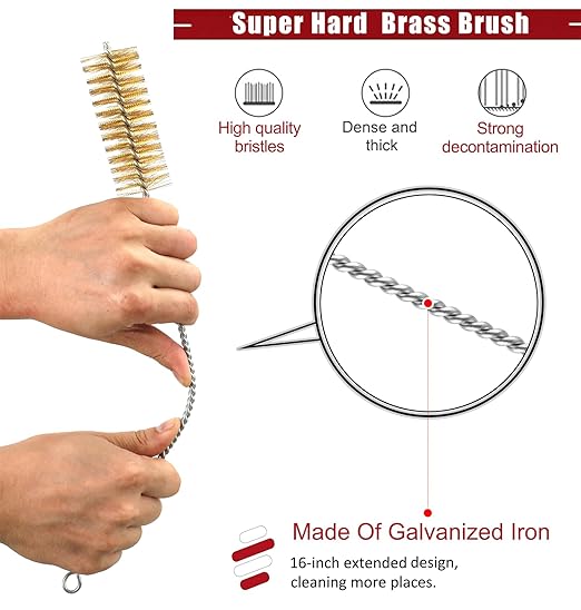 16 Inch Extra Long Pipe Cleaning Brush Set with Brass Bristles, 8 Piece Variety Pack for Auto Parts, Bottles,Tubes, Etc.