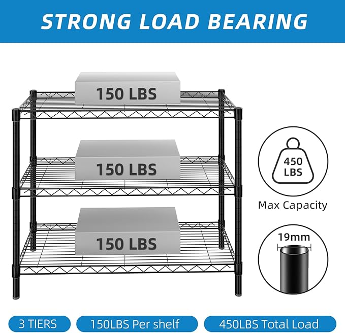 3-Shelf Adjustable Metal Shelf Wire Shelving Unit Storage Rack Display Shelf for Office,Kitchen,Bedroom,Bathroom,Laundry,Pantry Basement,Garage(Black,36" L x 14" W x 30" H)