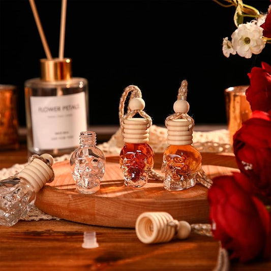 BBTO 50 Pcs Hanging Car Air Freshener Car Diffuser Bottles Empty Glass Perfume Bottle Freshener Diffuser Bottle Pendant for Essential Oil Fragrance Aromatherapy Bottle Ornament(Skull)