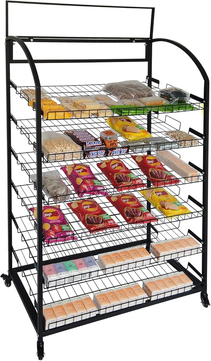 Tongmo Bakery Display Rack: Equipped with Wheels and Header Holder, 39.5" Wide Potato Chip Display Rack, 6 Shelves Snack Rack Display.(39.5", 6-Shelves, Black)