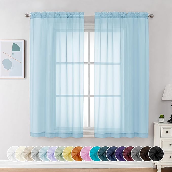Chyhomenyc Light Blue Sheer Curtains 63 Inch Length 2 Panels, Light Filtering Airy Rod Pocket Window Curtain Treatment Drapes for Bedroom Living, Each 42Wx63L Inches