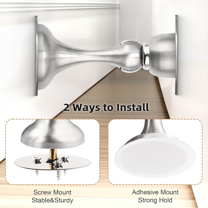 Probrico Brushed Nickel Magnetic Door Stoppers for Bottom of Door, Stainless Steel Magnet Door Catch Door Stops to Keep Door Open, Heavy Duty Door Holder, Wall and Floor Mounting, 4 Pack