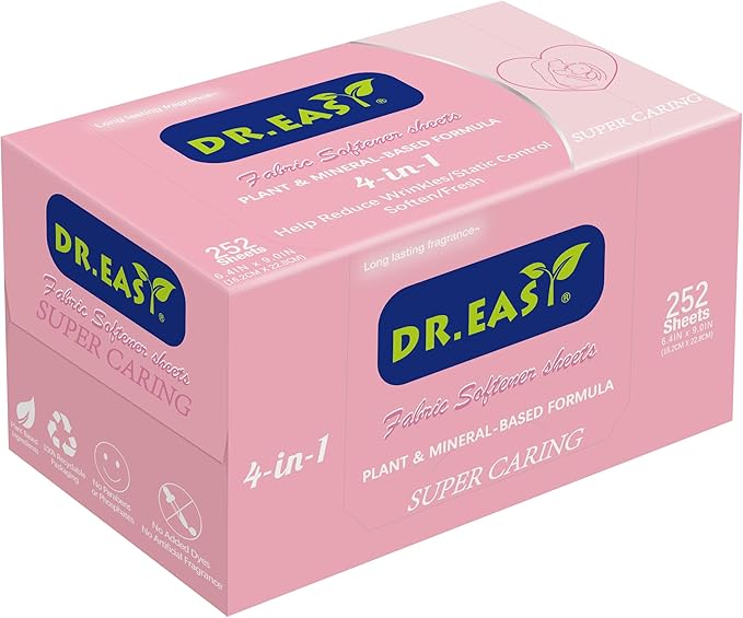 DR.EASY Dryer Sheets Plant Based Formula 252 Ct Super Caring,Softener sheets for Laundry Unscented No Dyes Reduce Static & Wrinkles Help Repel Pet Hair