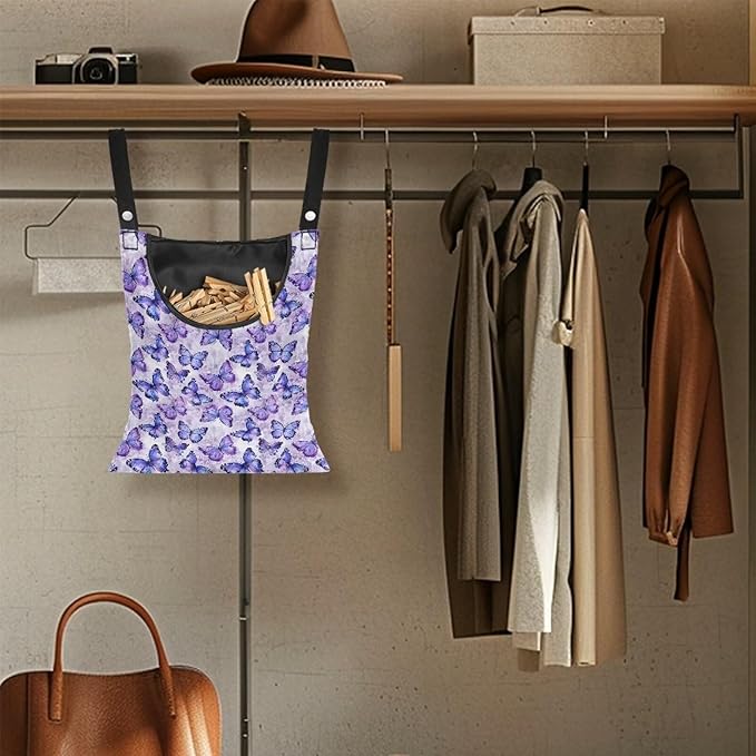 2 Pcs Butterfly Purple Clothespin Bag for Clothesline Outdoor, Soft & Lightweight Hanging Bag for Laundry, Clothes Pins Bag Holder Outdoor, Clothes Pin Bag for Outside