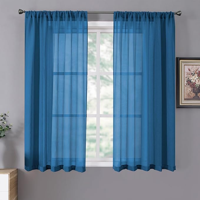 Tollpiz Short Sheer Curtains Linen Textured Living Room Curtain Sheers Light Filtering Rod Pocket Voile Curtains for Bedroom, 42 x 45 inches Long, Classic Blue, Set of 2 Panels