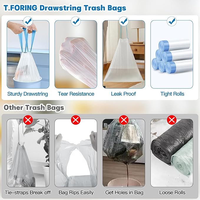 8 Gallon Trash Bags Drawstring 1.2 Mil - 100 Count White Medium Garbage Bags Unscented, 30 Liter Thick Plastic Trash Can Liners for Home Kitchen Bathroom