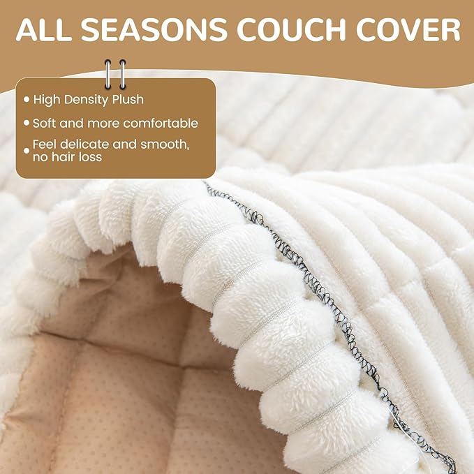 OTOB Couch Cover for Dogs Washable, Non Slip Plush Fuzzy Sofa Covers for 3 Cushion Couch Pet Friendly, Soft All Seasons Sofa Slipcover Cozy Furniture Protector (Cream, 31.5" x 82.7")