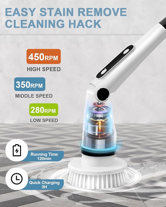 IEZFIX Electric Spin Scrubber, Bathroom Power Shower Scrubber Cleaning Brush for Tub/Tile/Floor/Toilet/Kitchen, 8 Cleaner Scrub Brush Heads, 3 Speeds 450RPM Max, Telescopic Rod Black